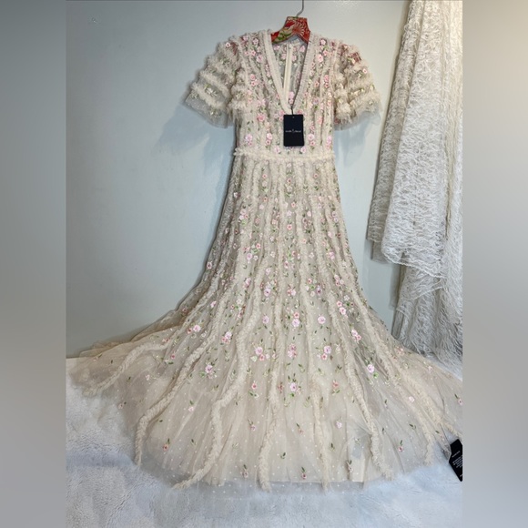 NEEDLE & THREAD Florentina Ankle Gown Dress Floral Lace Embroidered Ruffle - Picture 4 of 10